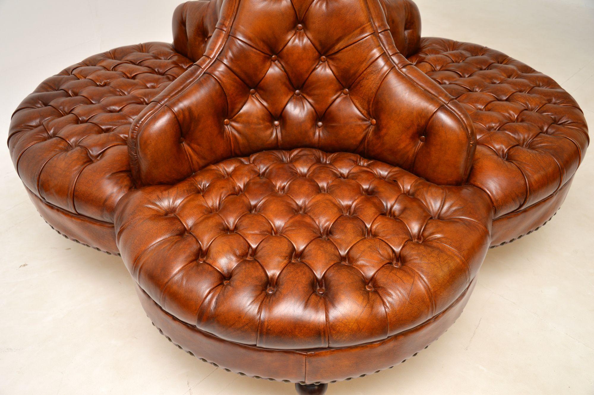Victorian Antique Leather Deep Buttoned Conversation Sofa