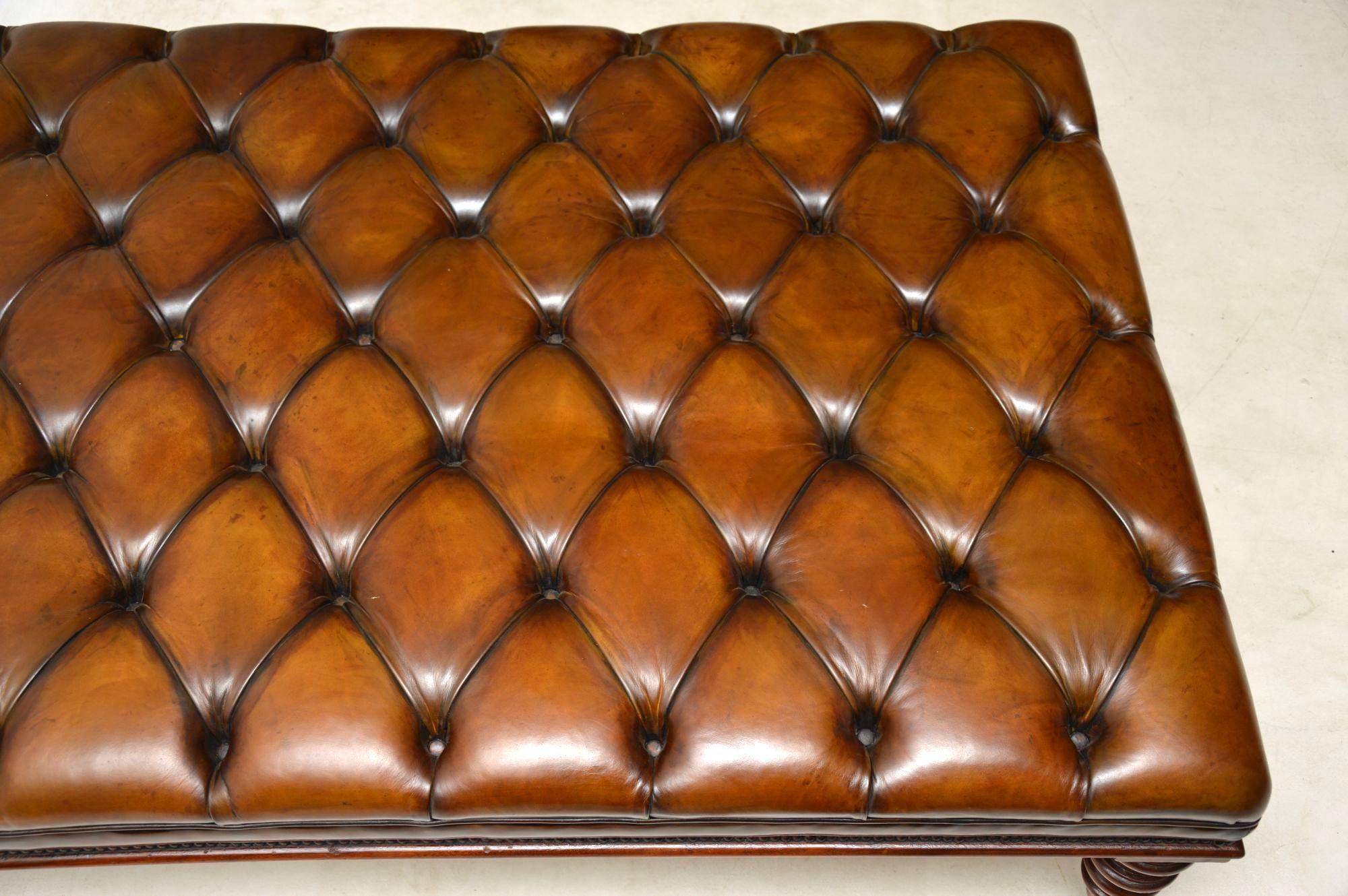 Antique Leather Deep Buttoned Stool or Coffee Table In Excellent Condition In London, GB