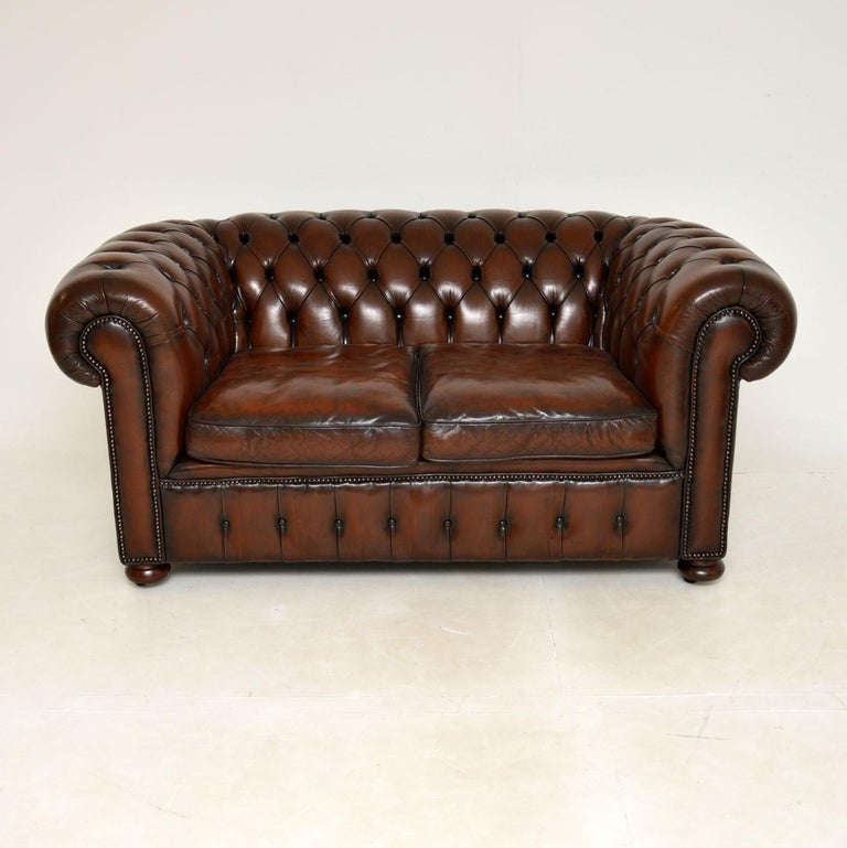 Antique Leather Deep Buttoned Two Seat Chesterfield Sofa For Sale at 1stDibs