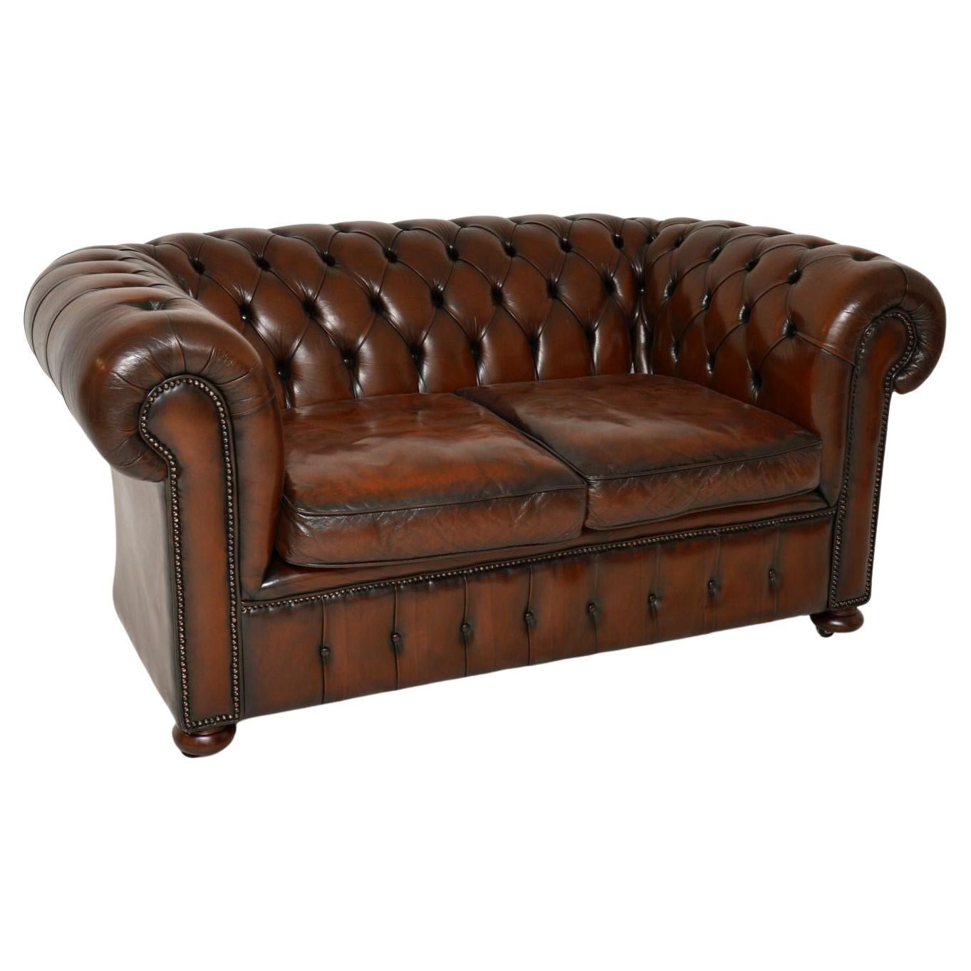 Original English Chesterfield Sofa Two Seat in Leather Tobacco Tan For