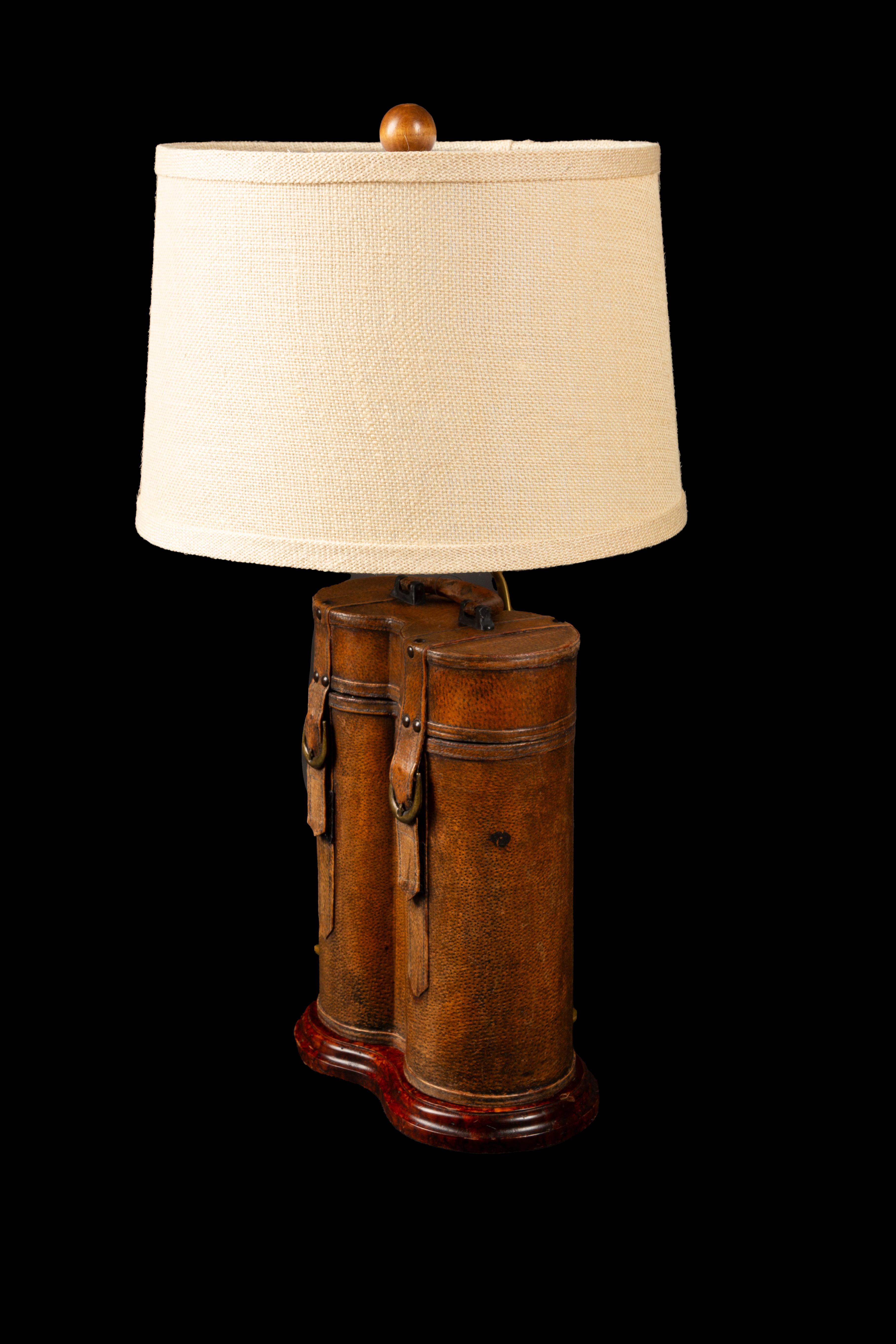 English Antique Leather Double Bottle Wine Holder Lamp: 19th Century Elegance