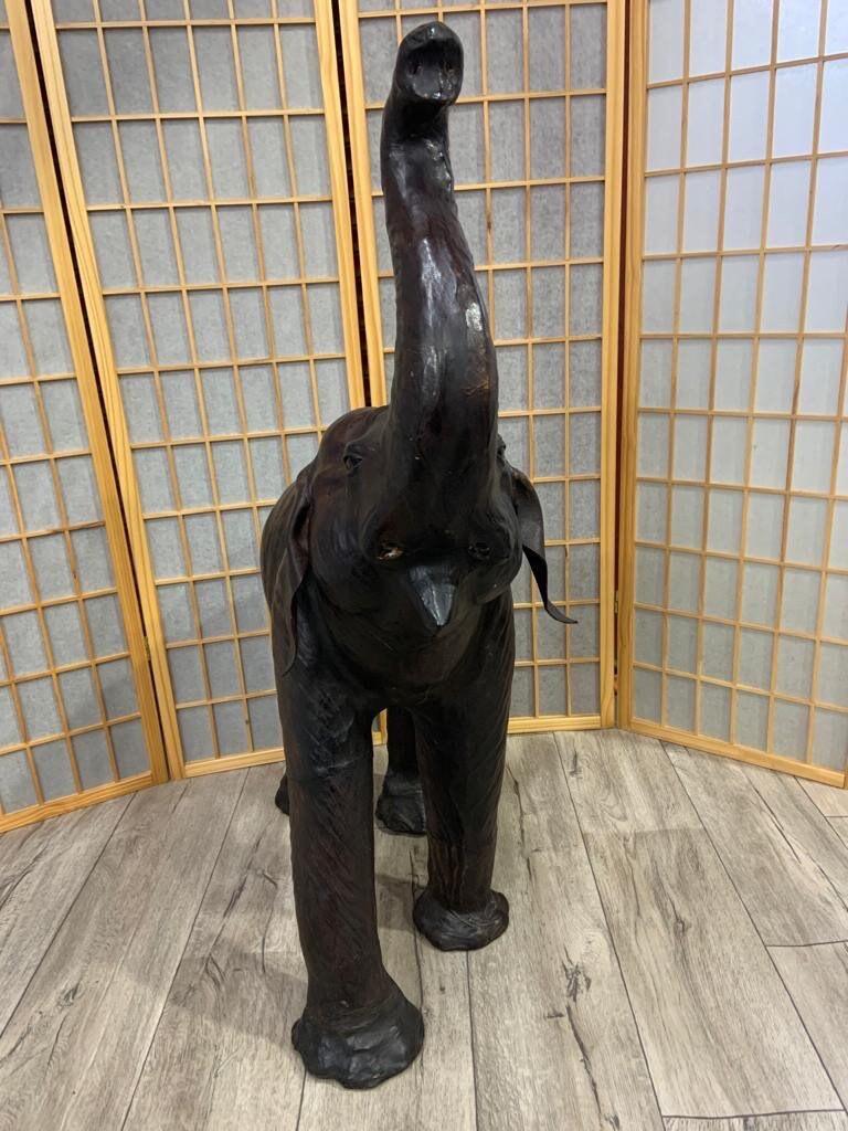 Hand-Crafted Antique Leather Elephant Sculpture with Glass Eyes For Sale