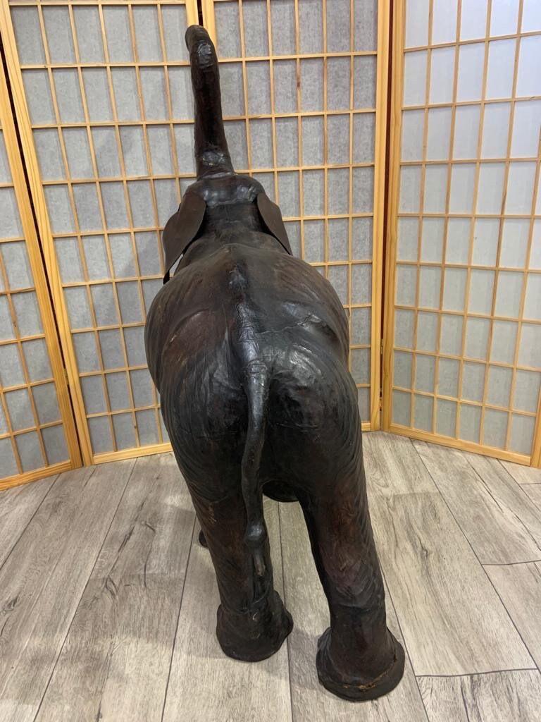 Mid-20th Century Antique Leather Elephant Sculpture with Glass Eyes For Sale
