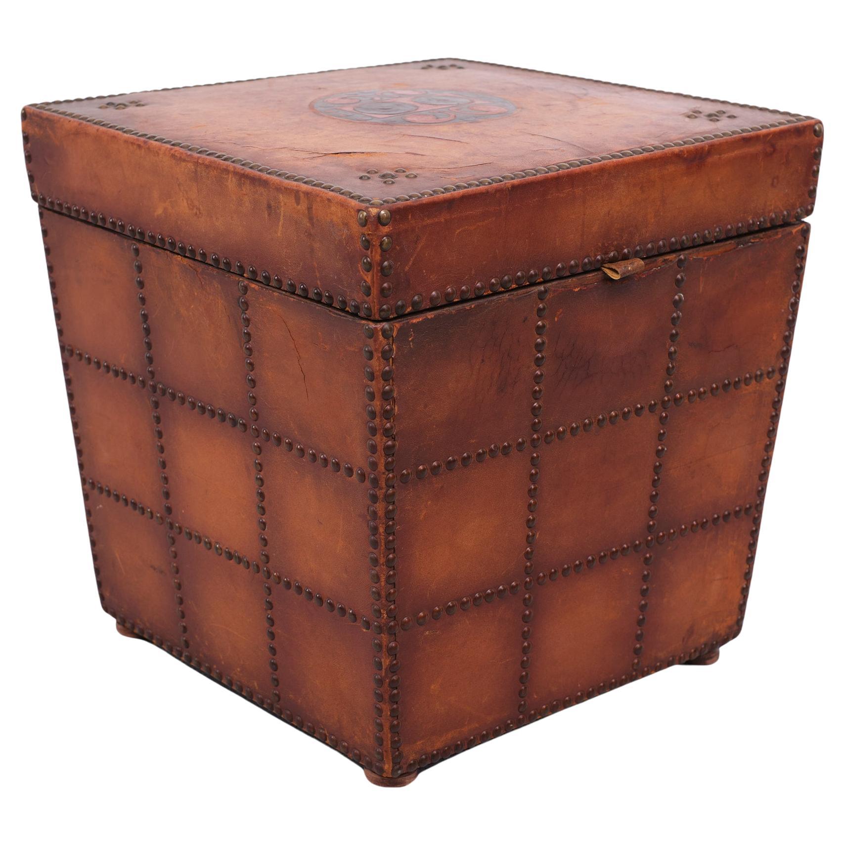Very nice Leather embossed Antique box or small chest Great patine Cognac Color. Deposited with Brass Head Nails.