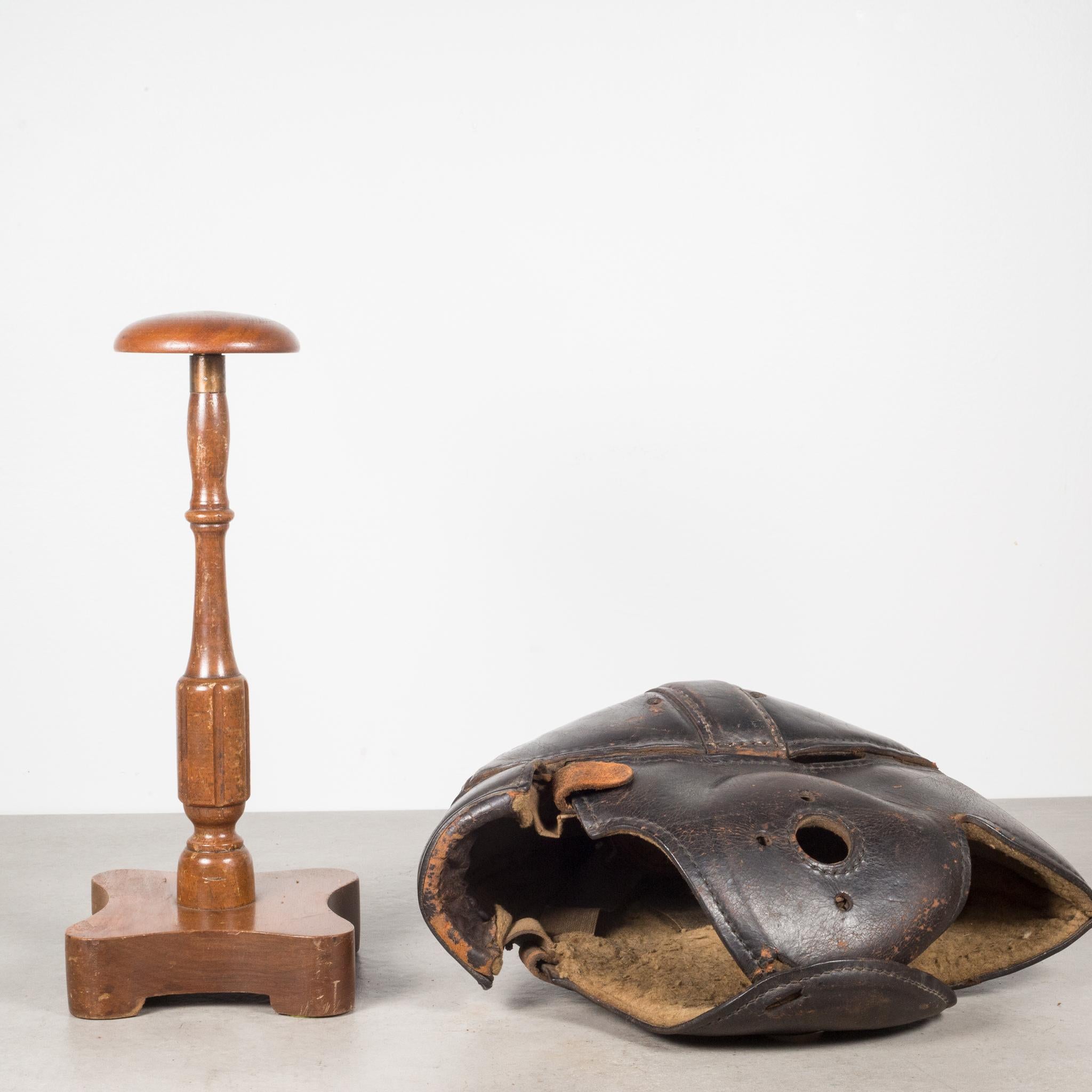 American Antique Leather Football Helmet and Stand, c.1900