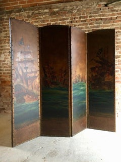 Antique Leather Four Fold Screen Hand-Painted Naval Interest, Early 20th Century