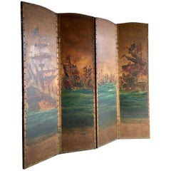 Antique Leather Four Fold Screen Hand Painted Naval Interest, Early 20th Century