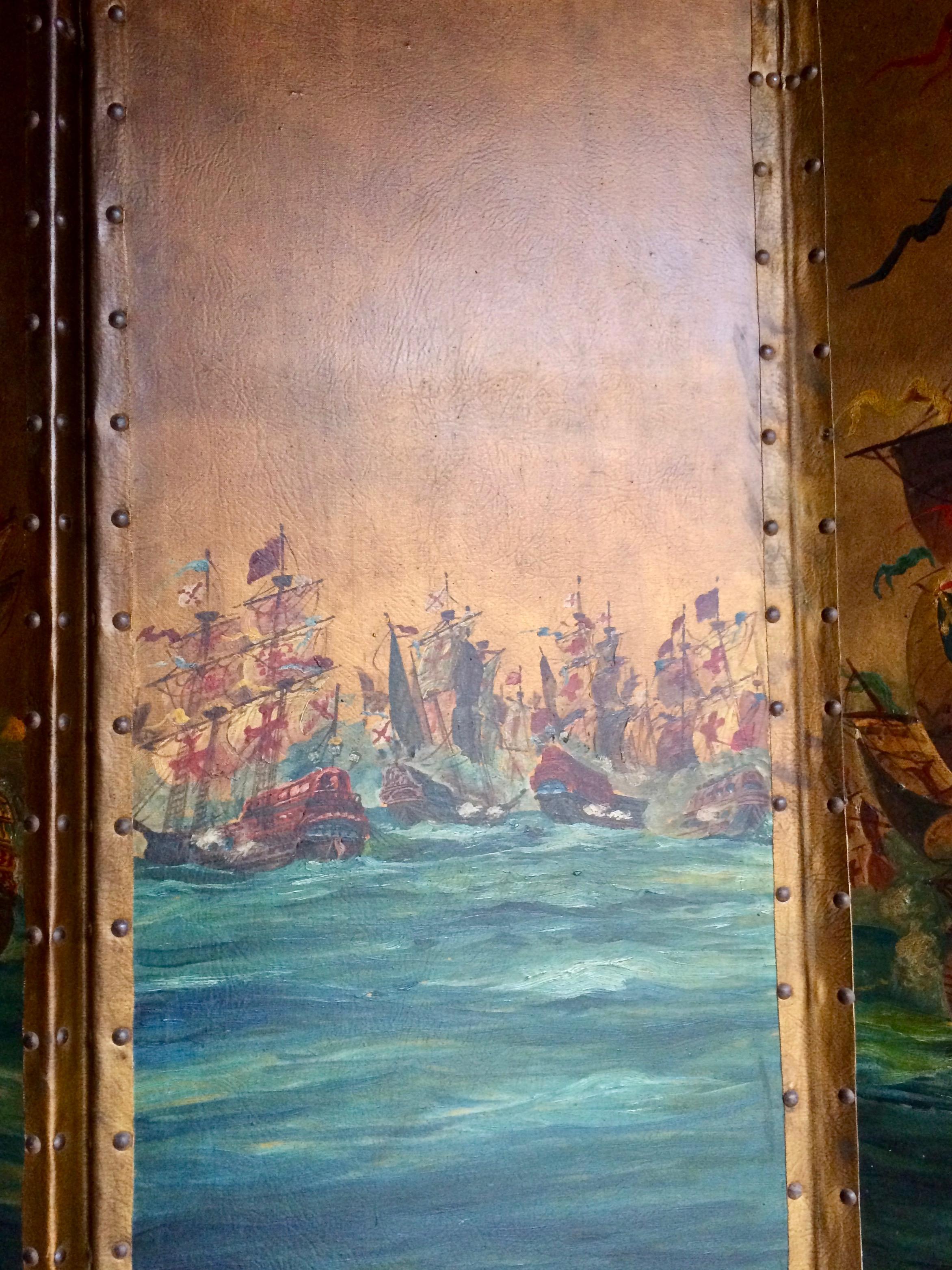 Cuir Paravent ancien en cuir à quatre volets peint à la main:: intérêt naval:: début du 20ème siècle