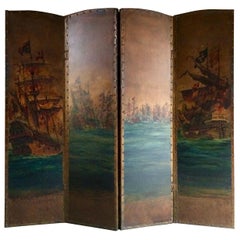 Antique Leather Four Fold Screen Hand Painted Naval Interest, Early 20th Century