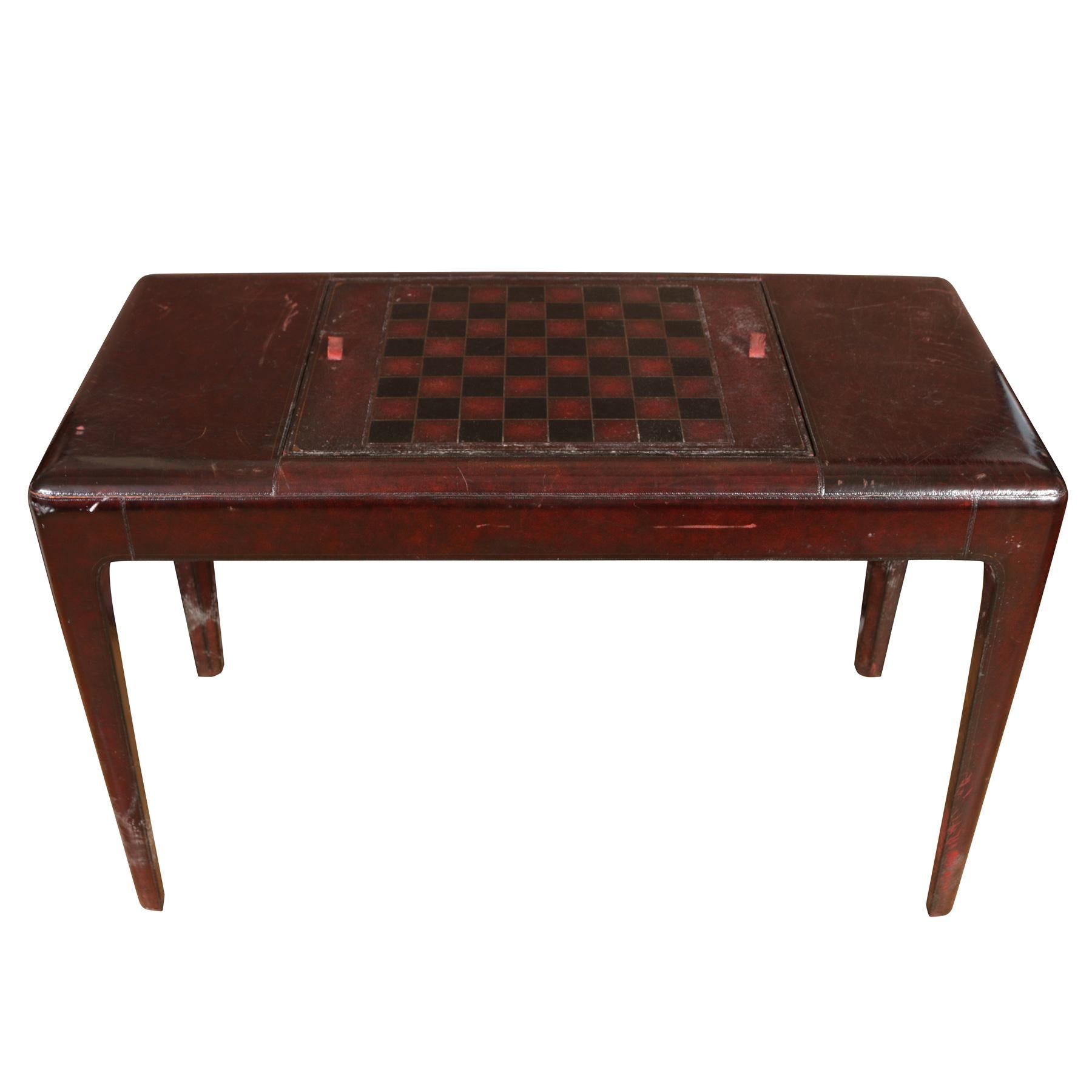 Antique Leather Games Table Backgammon or Chess In Good Condition For Sale In Locust Valley, NY