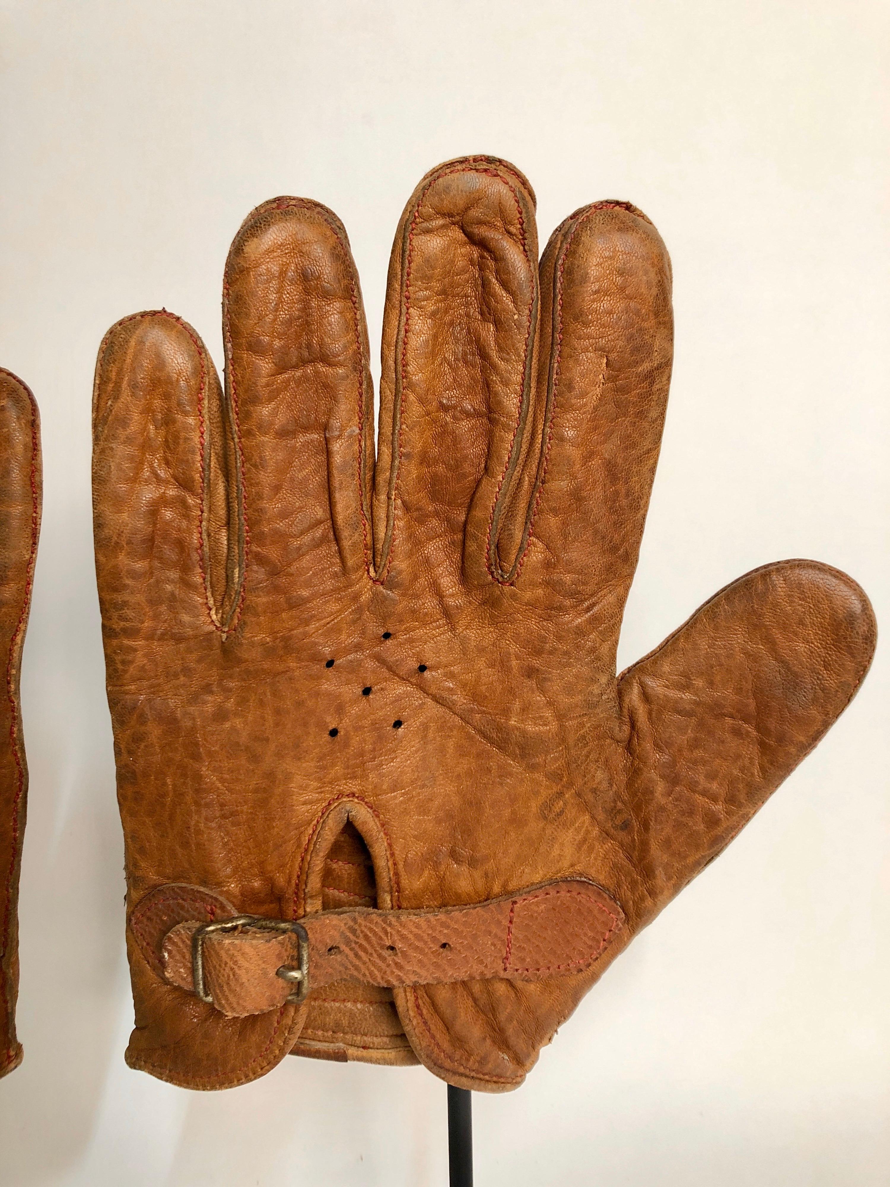 American Classical Antique Leather Handball Gloves on Custom Made Steel Stands Pair