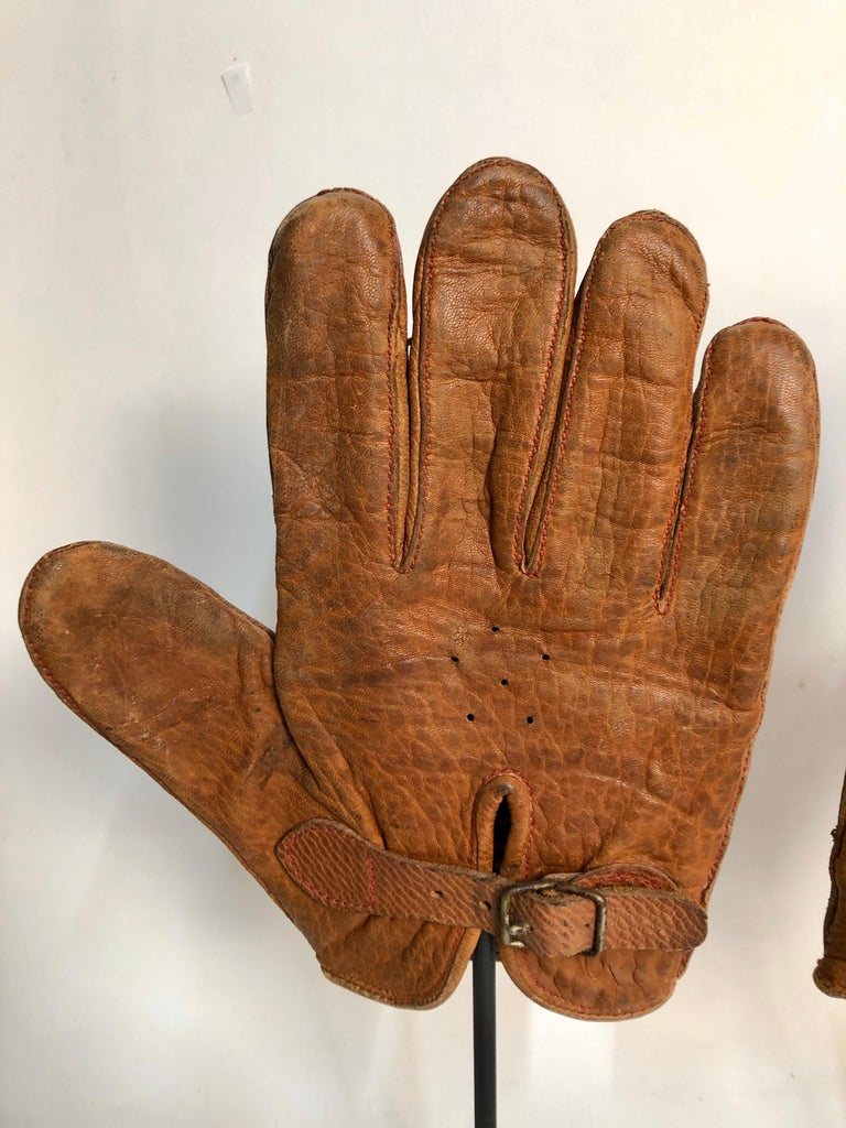 Antique Leather Handball Gloves on Custom Made Steel Stands Pair at