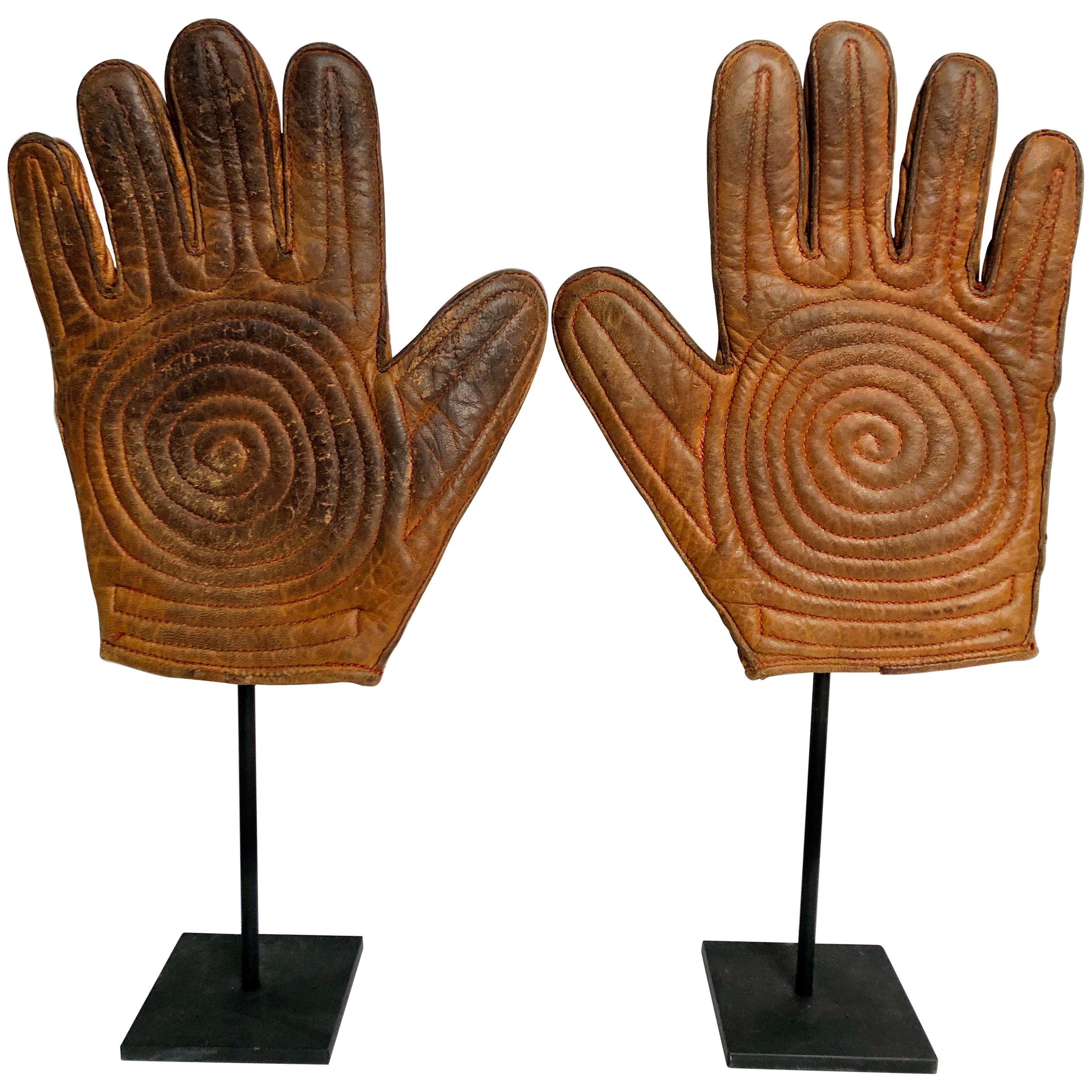 Antique Leather Handball Gloves on Custom Made Steel Stands Pair