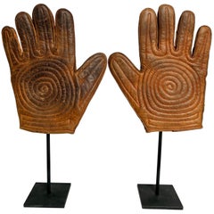 Vintage Leather Handball Gloves on Custom Made Steel Stands Pair