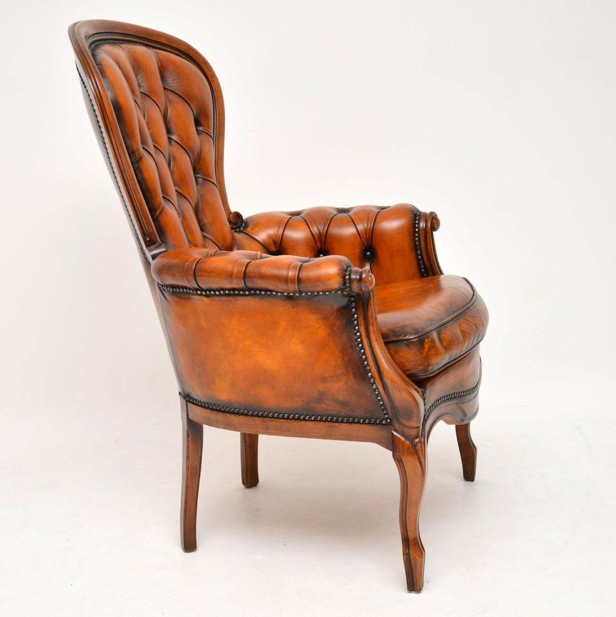 Victorian Antique Leather and Mahogany Spoon Back Armchair