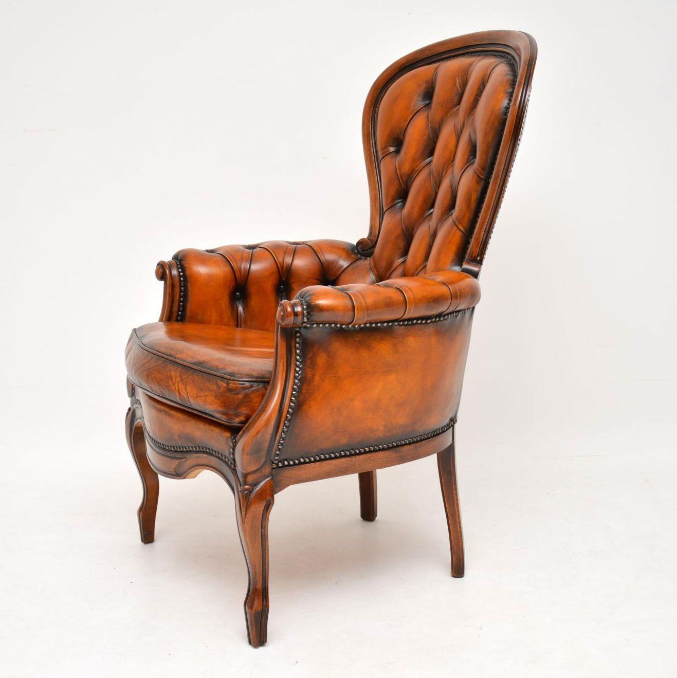 French Antique Leather and Mahogany Spoon Back Armchair