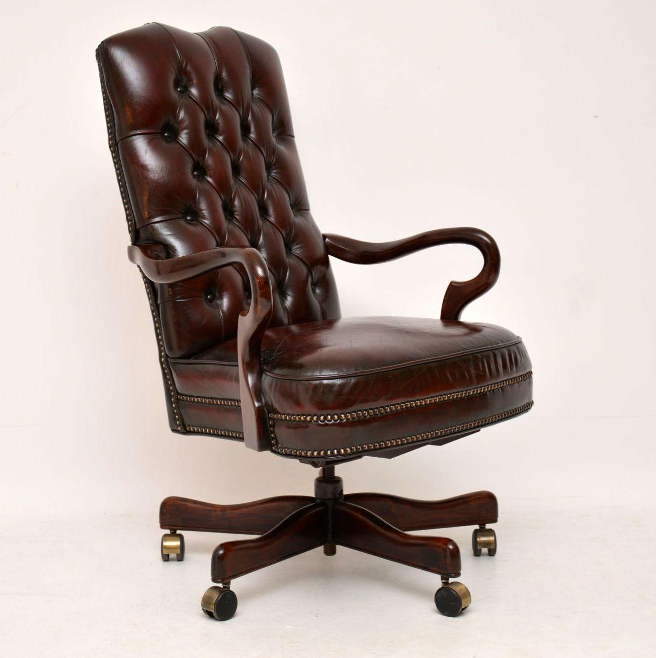 Victorian Antique Leather & Mahogany Swivel Desk Chair