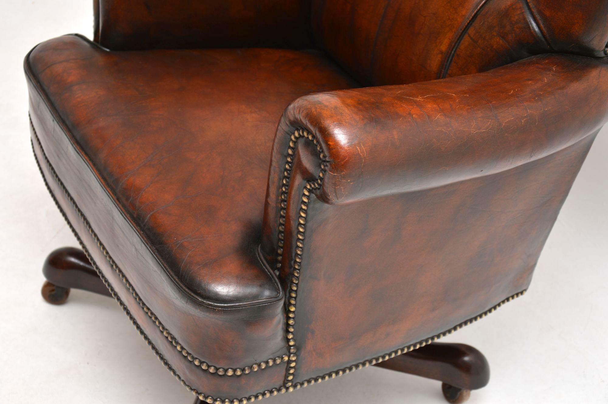 Edwardian Antique Leather and Mahogany Swivel Desk Chair