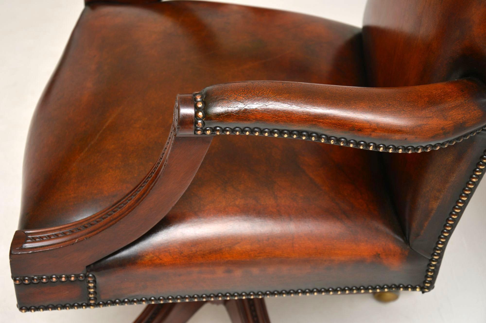 Mid-20th Century Antique Leather and Mahogany Swivel Desk Chair