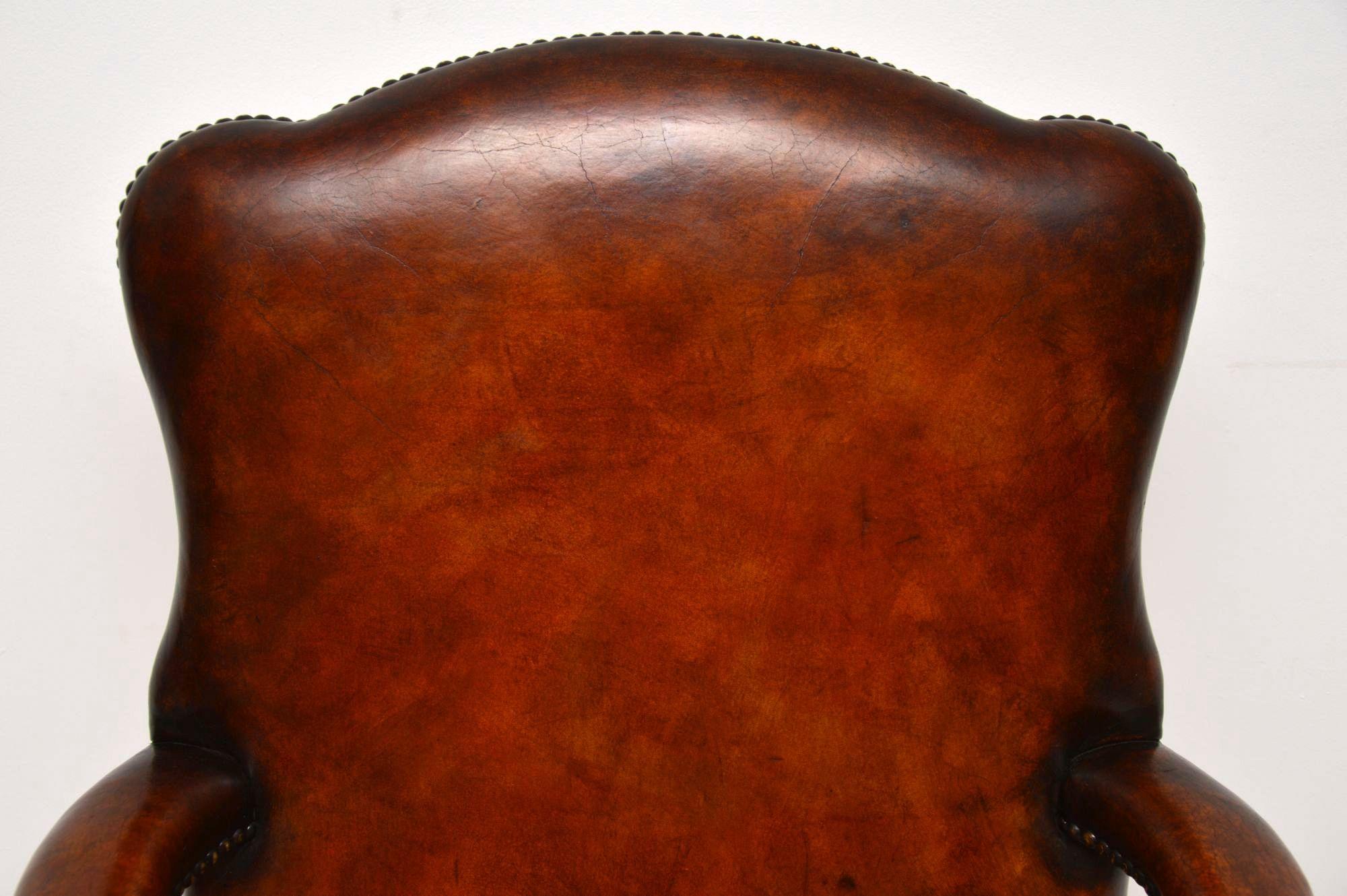 English Antique Leather and Mahogany Swivel Desk Chair