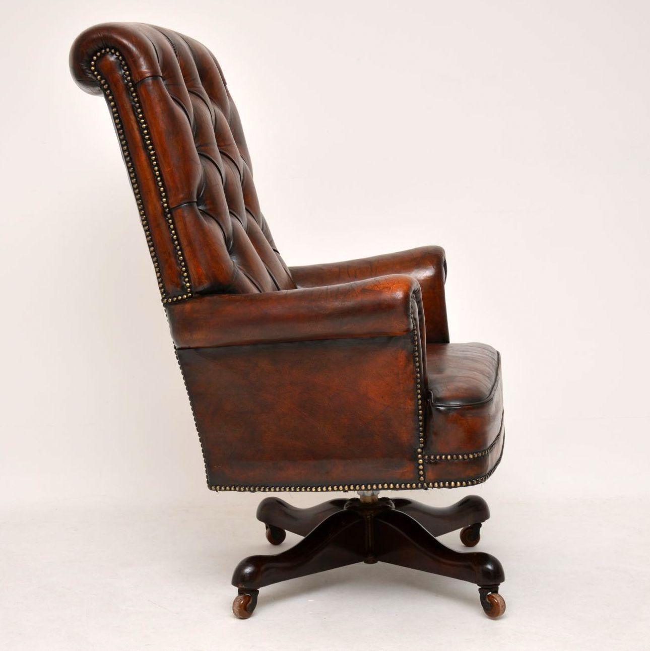 English Antique Leather and Mahogany Swivel Desk Chair
