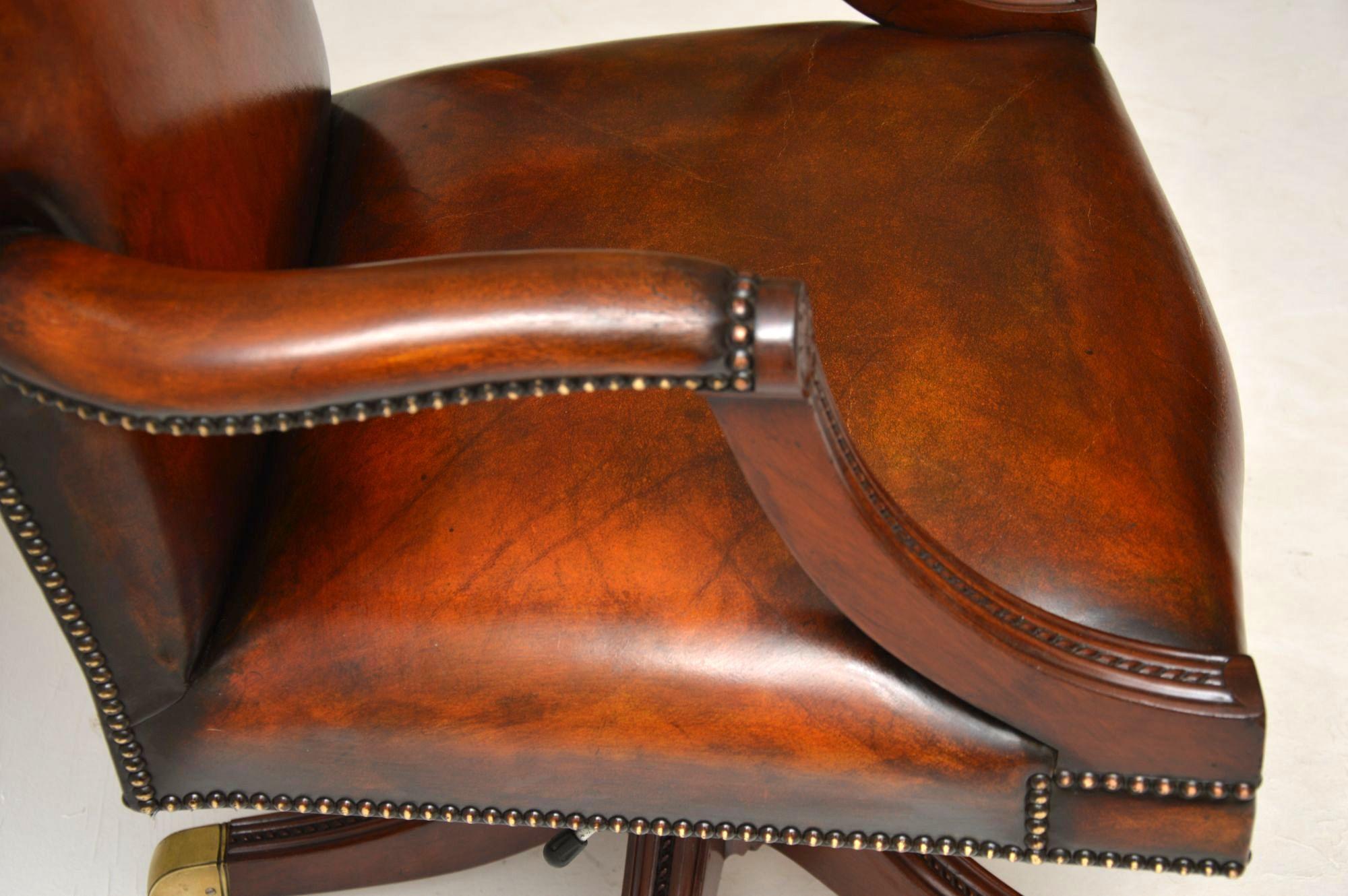 Brass Antique Leather and Mahogany Swivel Desk Chair