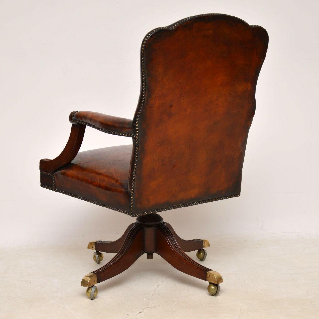 Mid-20th Century Antique Leather and Mahogany Swivel Desk Chair