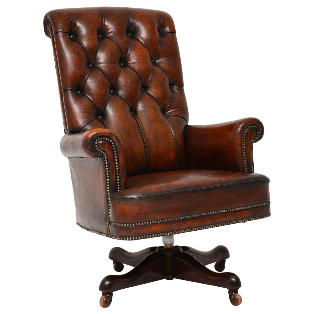Antique Leather and Mahogany Swivel Desk Chair