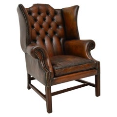 Antique Leather & Mahogany Wing Back Armchair