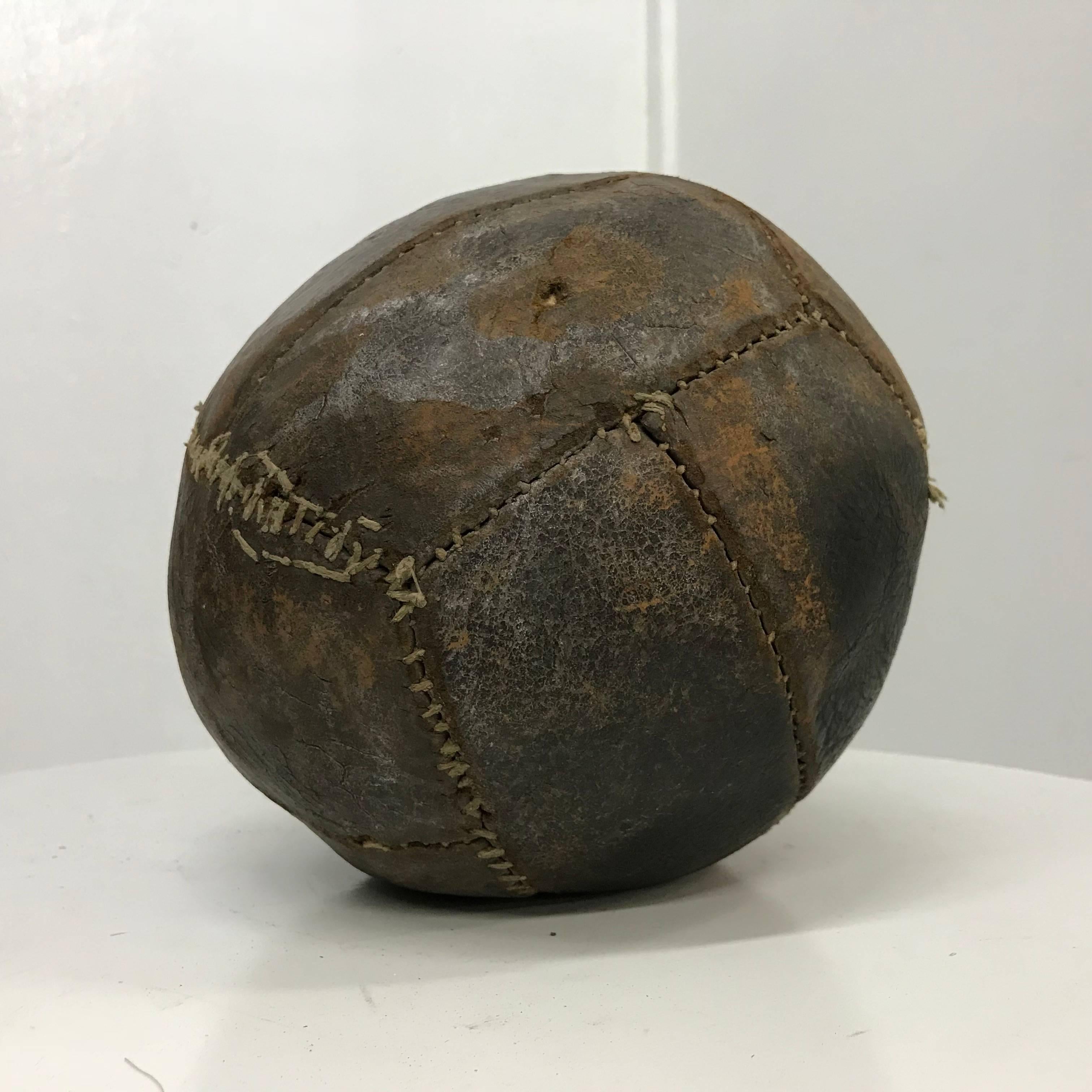 Industrial Antique Leather Medicine Ball with Great Vintage Patina