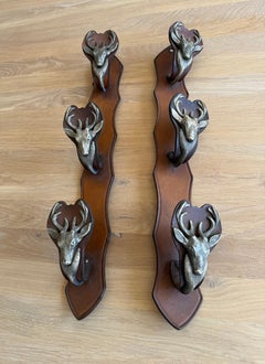 Antique Leather & Metal Rifle Rack, Wall-Mounted Gun Display with Deer Hooks