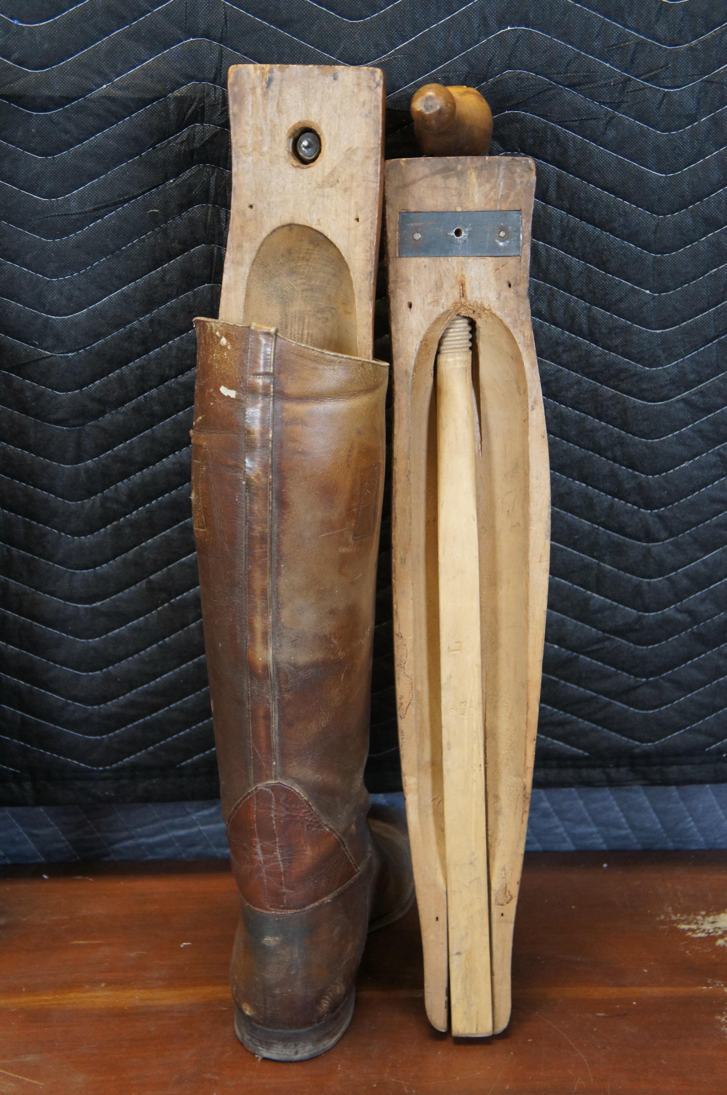 Antique Leather Military Riding Boots & Wood Forms Equestrian Horse Cavalry 5
