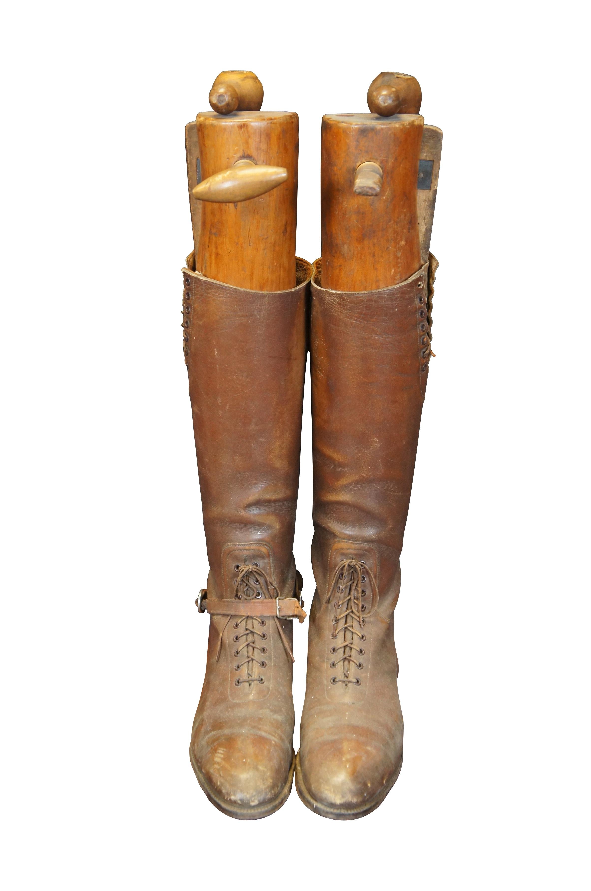 Country Antique Leather Military Riding Boots & Wood Forms Equestrian Horse Cavalry