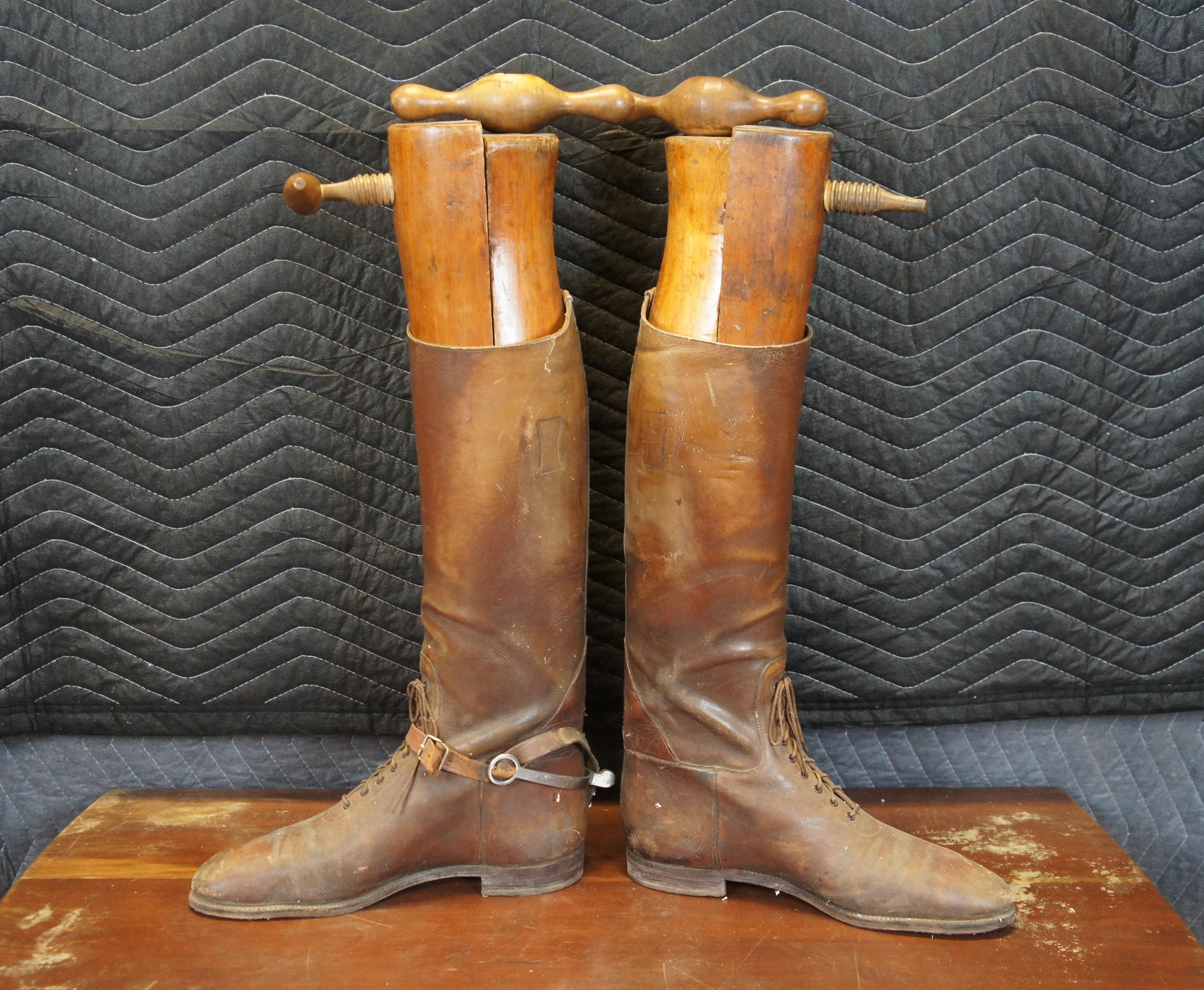20th Century Antique Leather Military Riding Boots & Wood Forms Equestrian Horse Cavalry