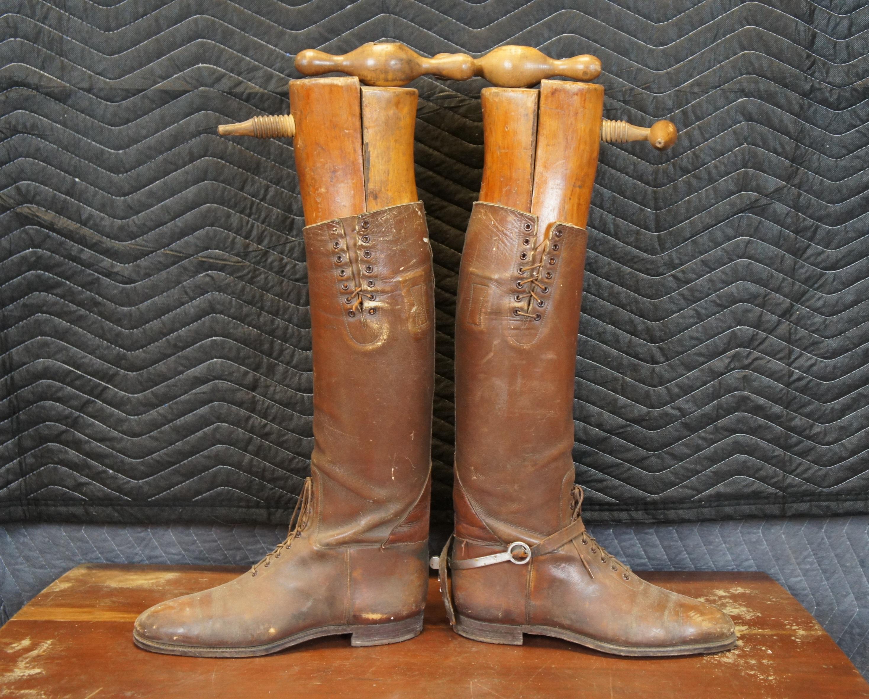 Antique Leather Military Riding Boots & Wood Forms Equestrian Horse Cavalry 2