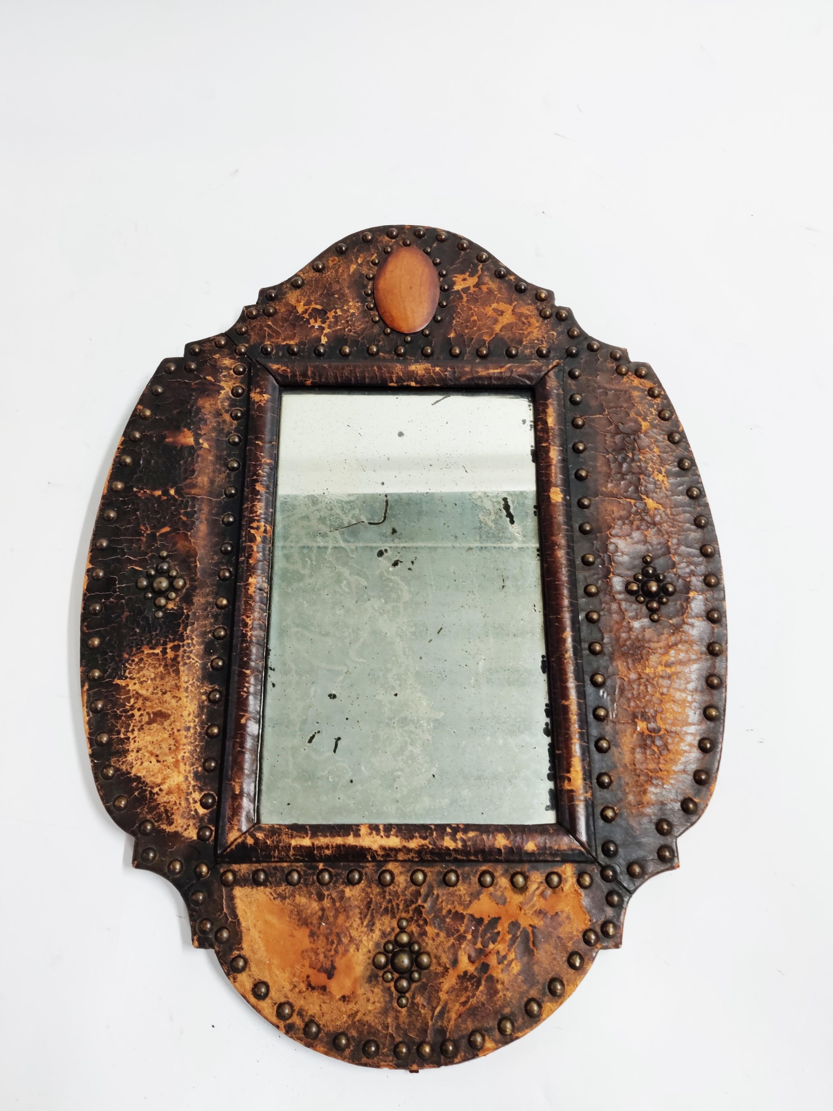 French Antique Leather Mirror