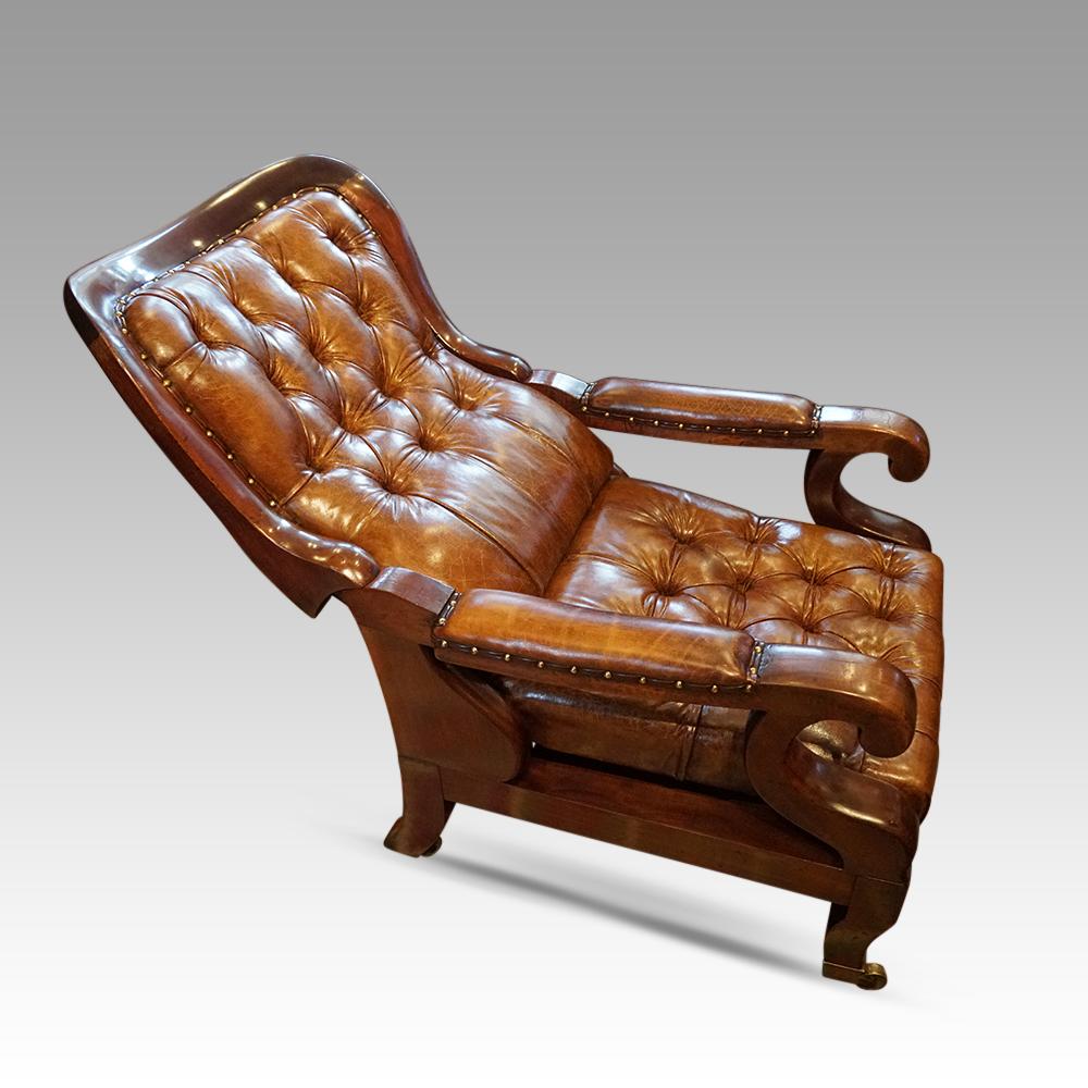 Mid-19th Century Antique leather reclining library chair  For Sale