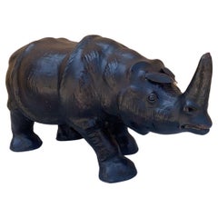 Antique Leather Rhino Sculpture with Glass Eyes