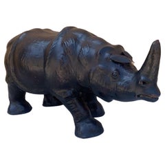 Vintage Leather Rhino Sculpture with Glass Eyes