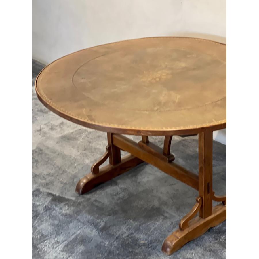 French Antique Leather Round Tilt-Top Wine Table, FR-0231 For Sale