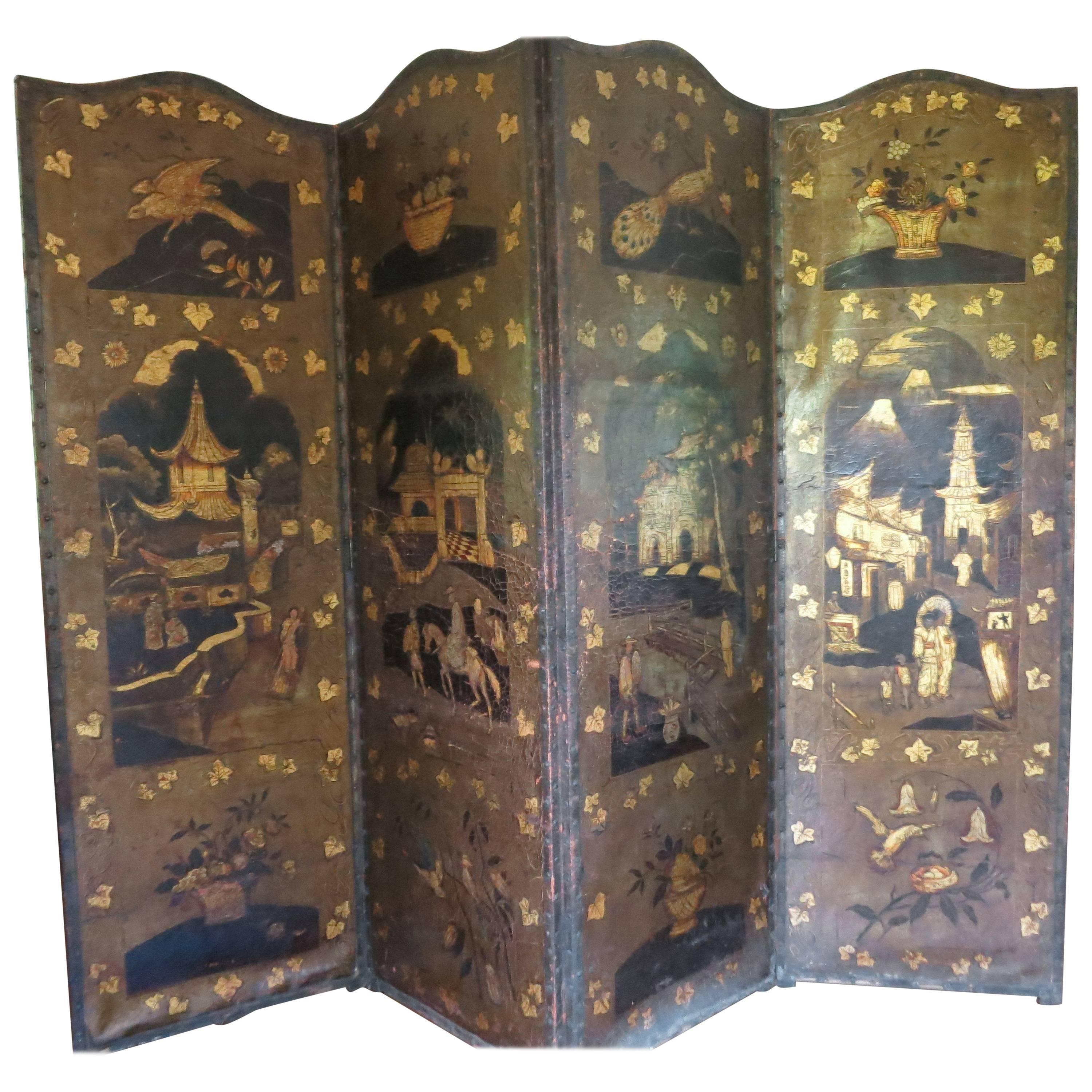 Antique Leather Screen Embossed Gilded, 19th Century For Sale
