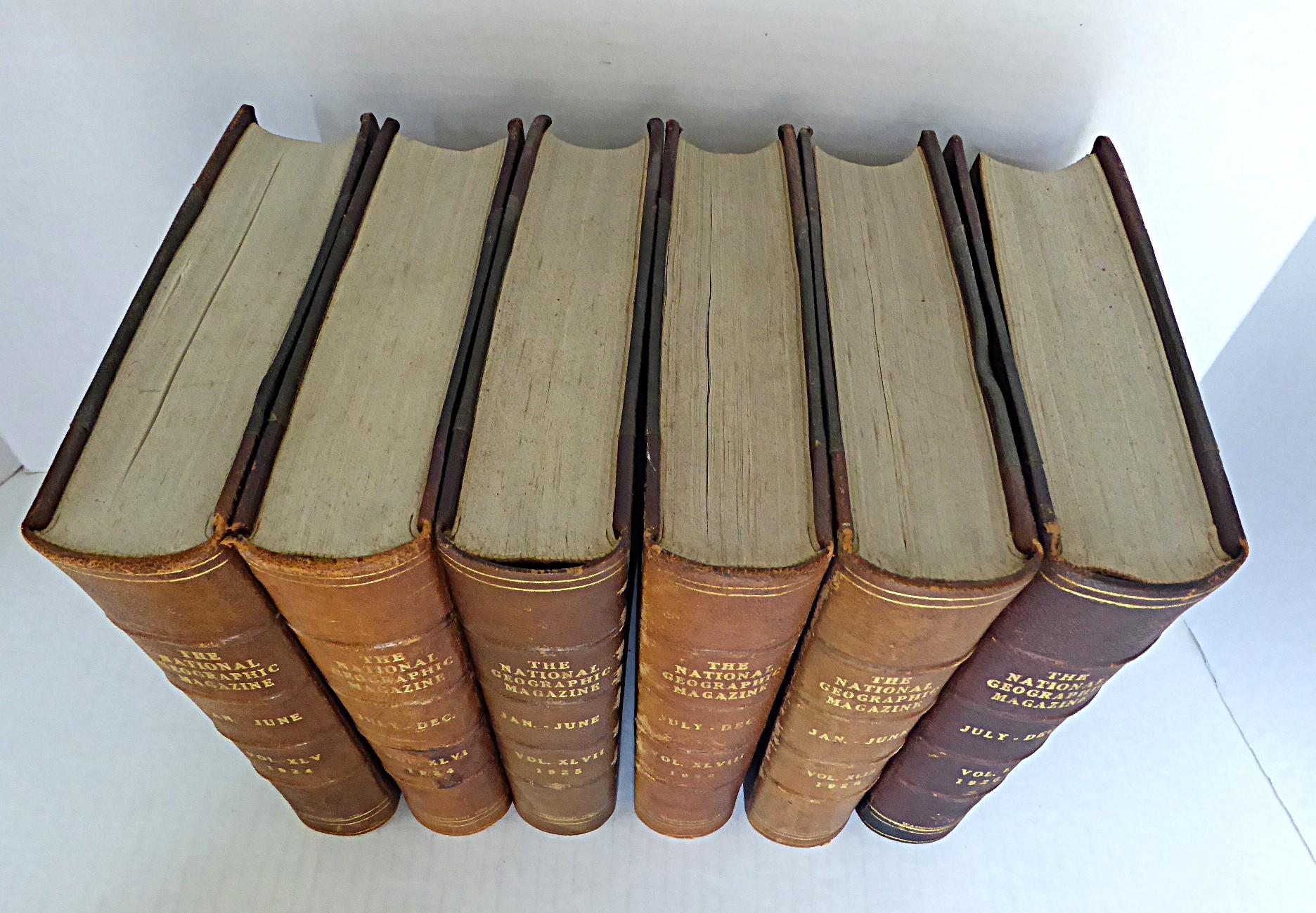Lomo de cuero antiguo 6 volúmenes Revista National Geographic 1924 1925 y 1926 Estadounidense en venta
