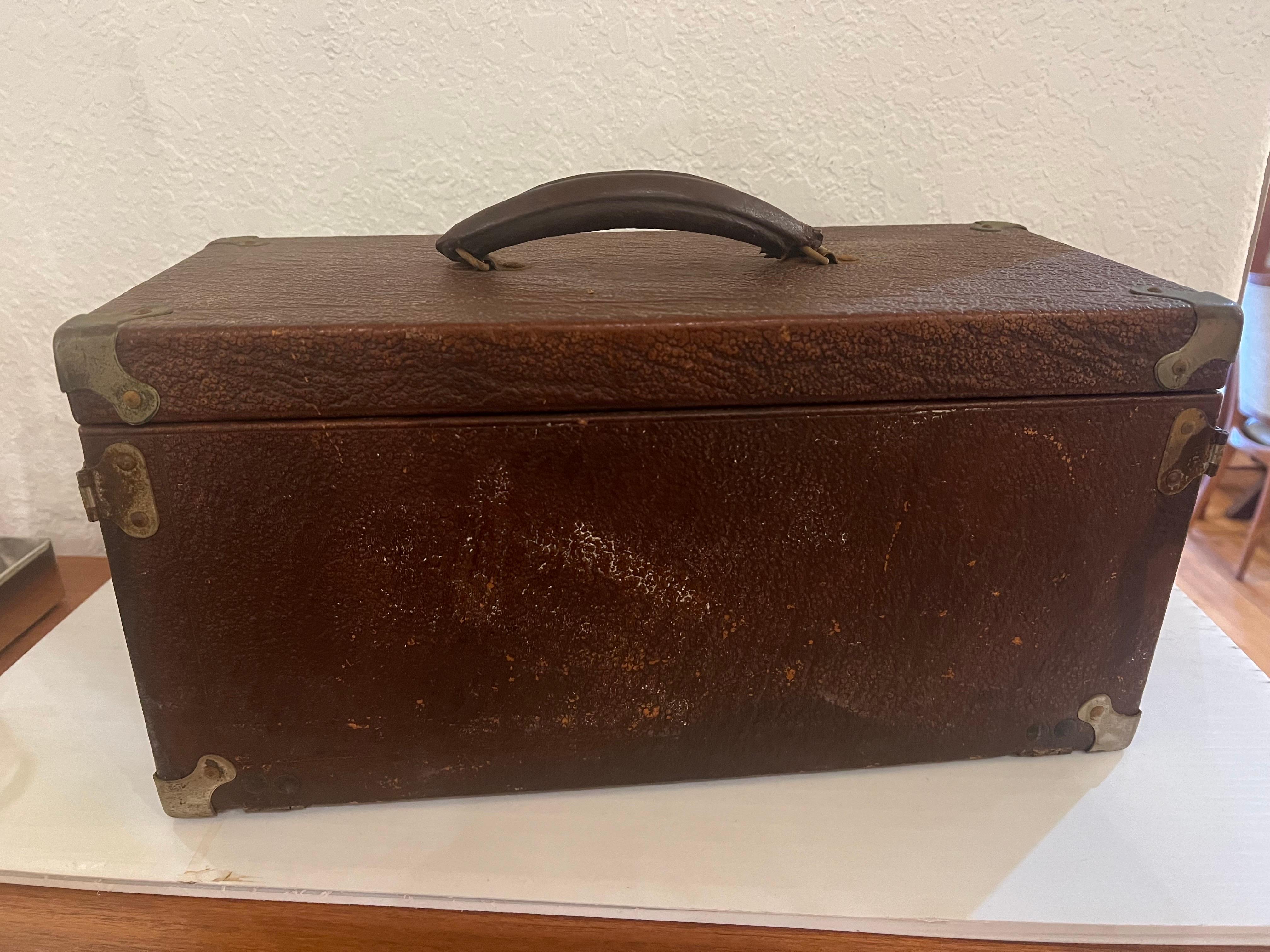 Antique Leather & Stainless Steel Medical Box with Drawers and compartments In Fair Condition In San Diego, CA