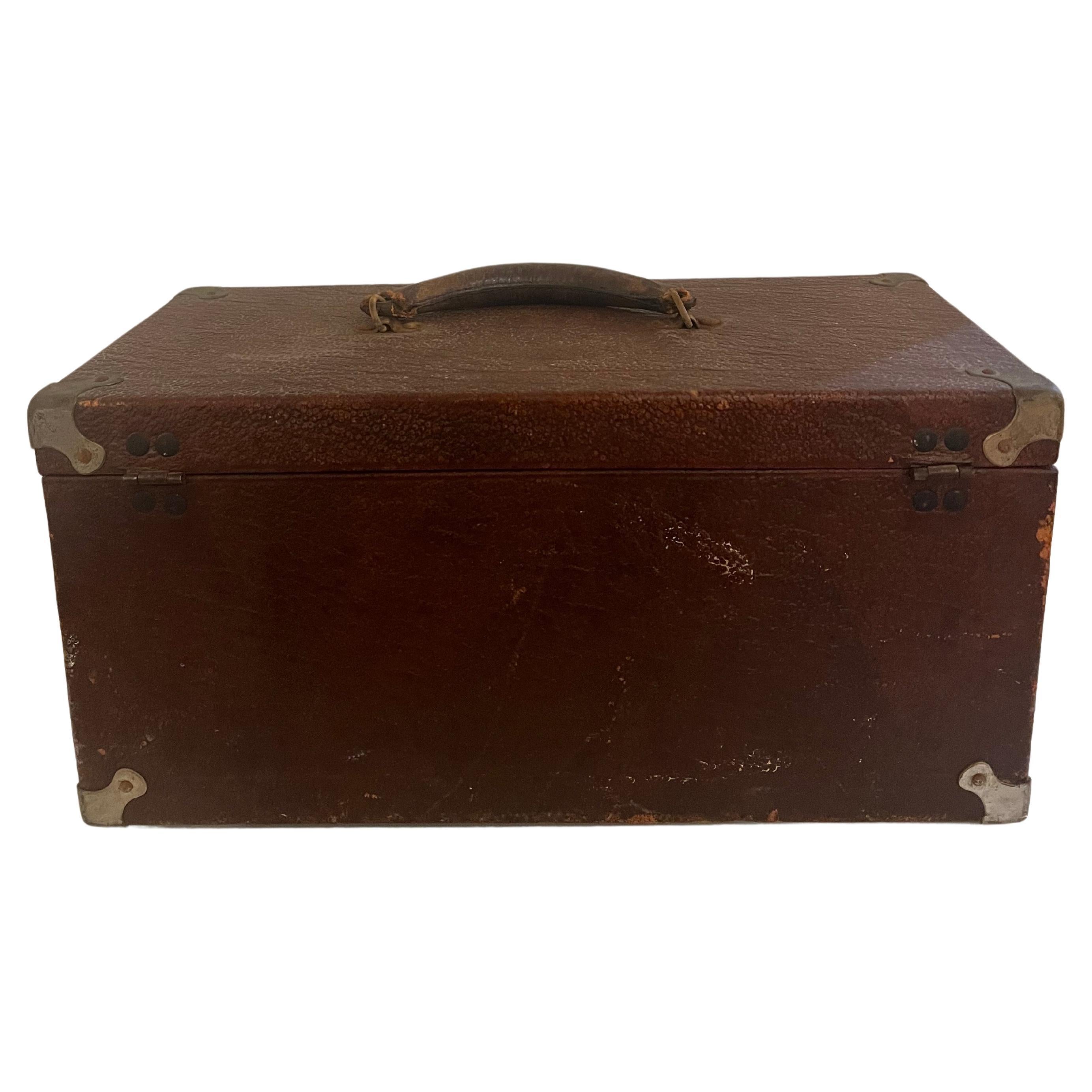 20th Century Antique Leather & Stainless Steel Medical Box with Drawers and compartments