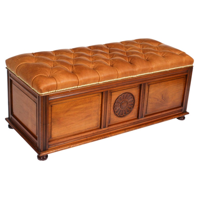 Antique Leather Stool Ottoman Coffee Table Window Seat 19th Century For