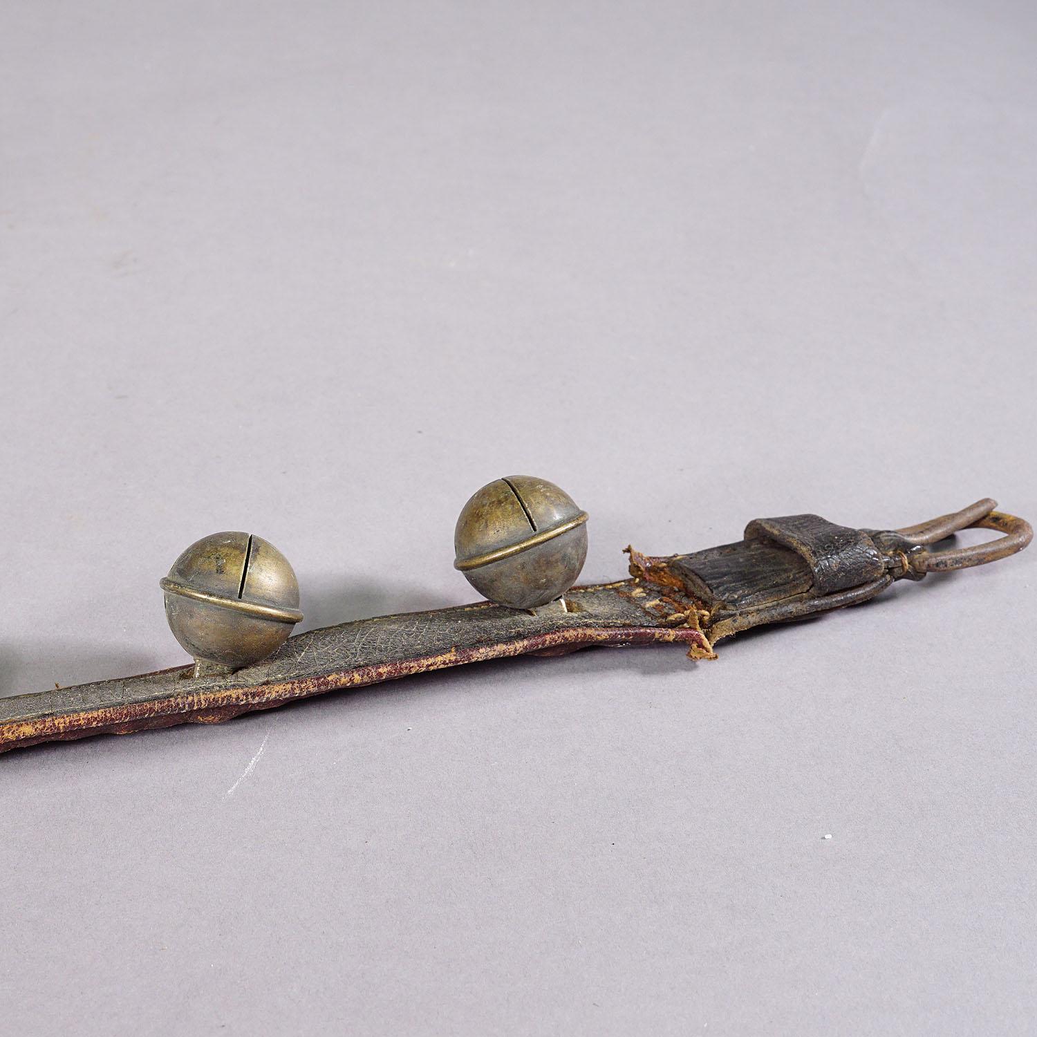 XX secolo Antico cinturino in pelle con sei campane in ottone, Svizzera, 1900 ca. in vendita