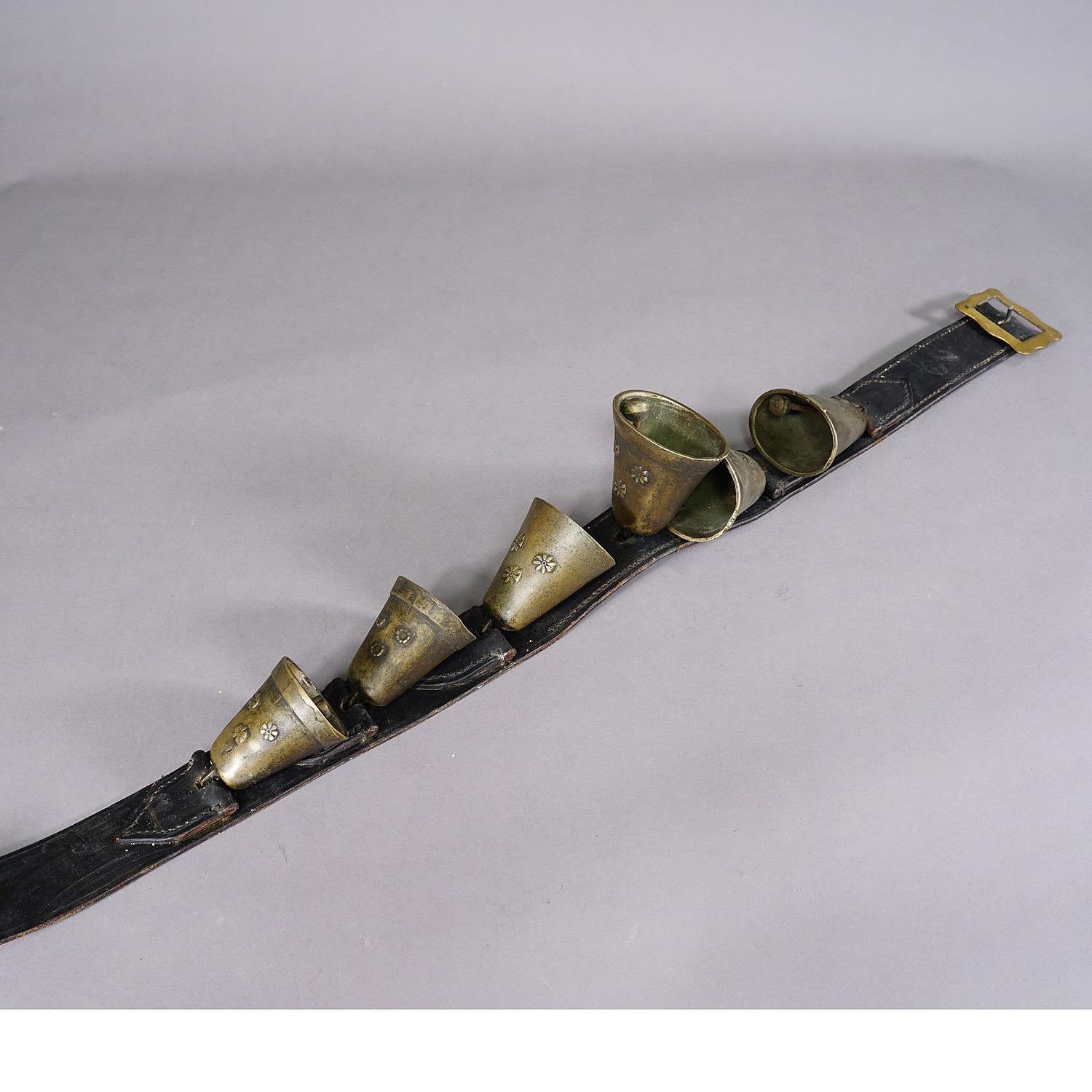 Swiss Antique Leather Strap with Six Casted Cattle Bells, Switzerland ca. 1900s For Sale