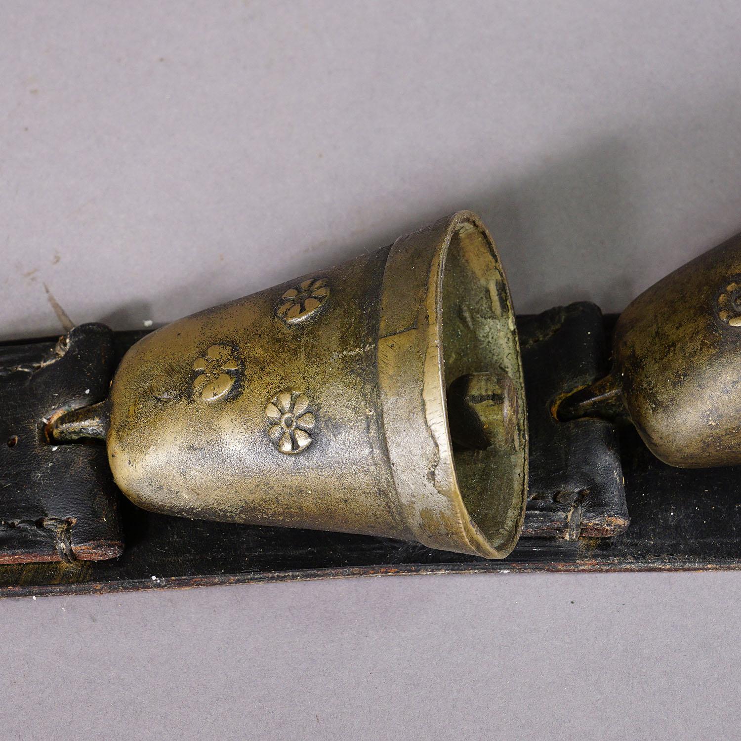 20th Century Antique Leather Strap with Six Casted Cattle Bells, Switzerland ca. 1900s For Sale