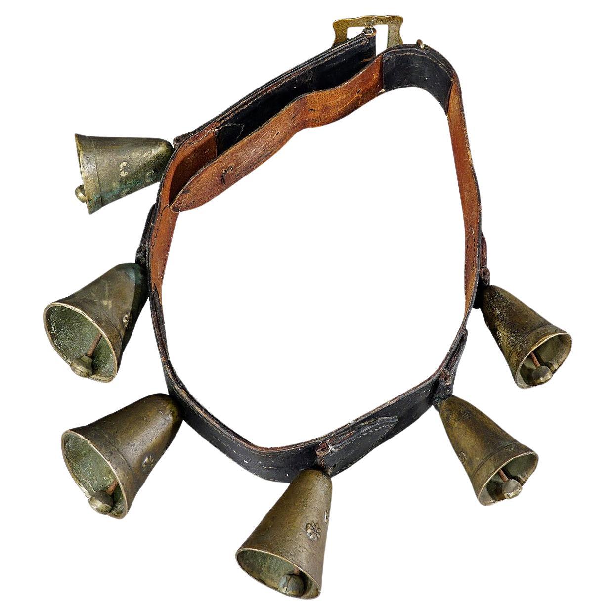 Antique Leather Strap with Six Casted Cattle Bells, Switzerland ca. 1900s