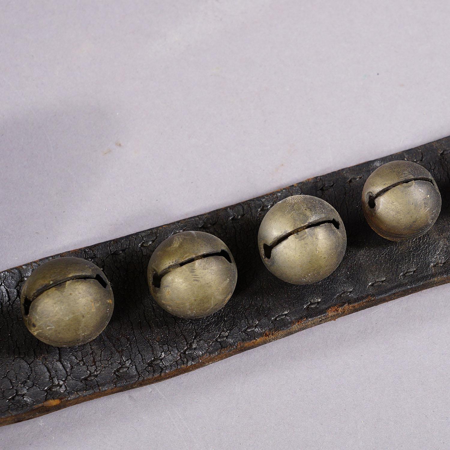 Cast Antique Leather Strap with Thirteen Bronze Bells, Switzerland ca. 1900s
